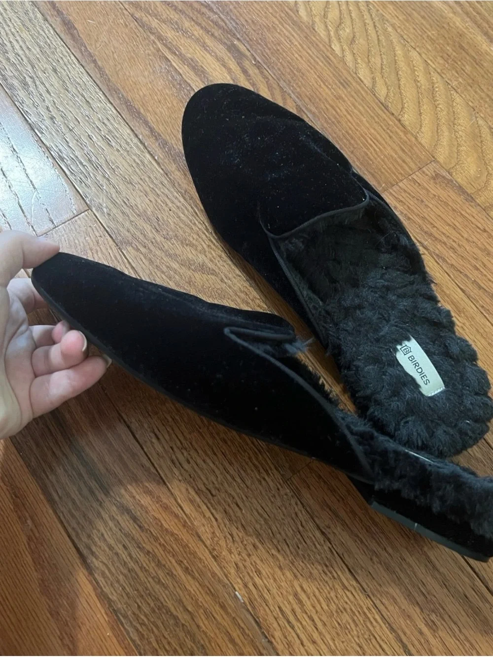 Birdies Black Velvet Fur-Lined Women’s Slip-On Loafers size 10